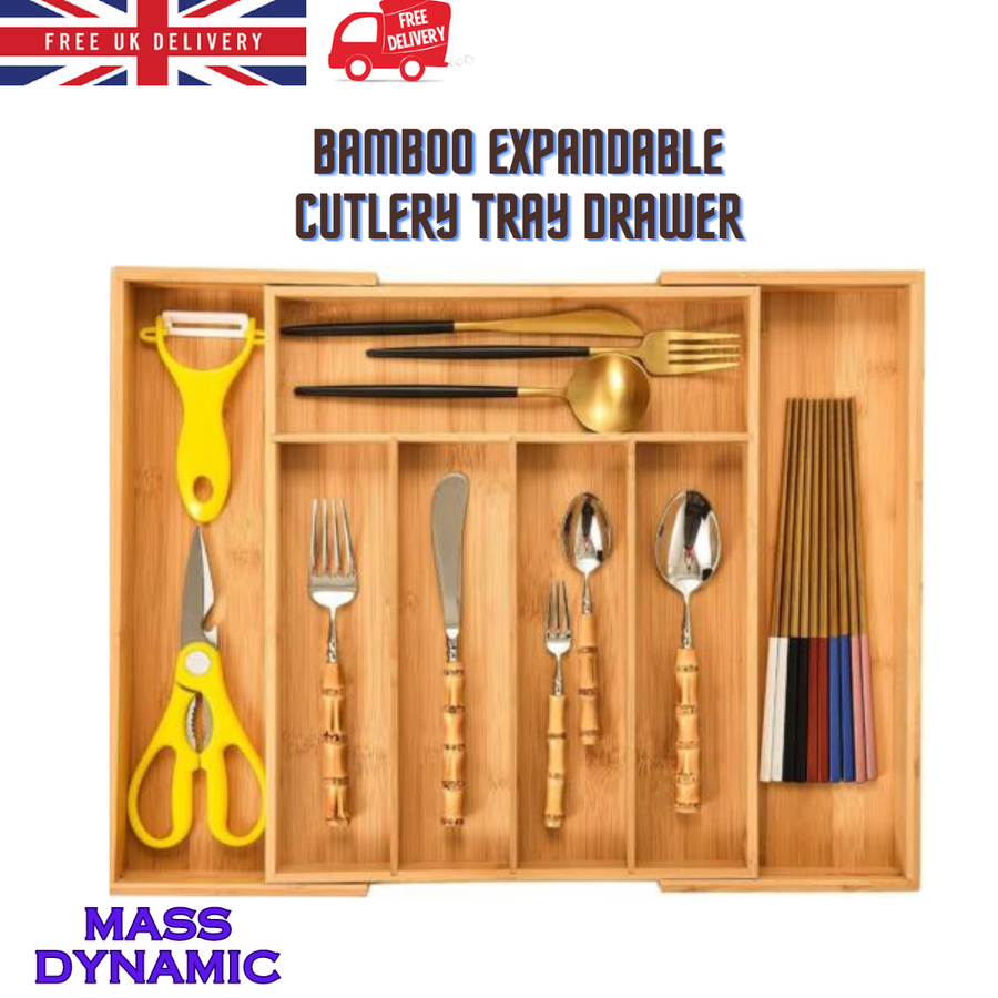 MASS DYNAMIC Cutlery Drawer Organizer Expandable Bamboo Utensil Tray, Adjustable Silverware and Flatware Holder, Compact Storage for Spoons, Forks, Knives - Ideal for Kitchen and Office Supplies