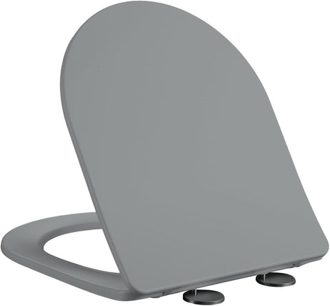 Soft Close D-Shape Grey Toilet Seat, One Button Quick Release for Cleaning, Durable Urea Formaldehyde Material