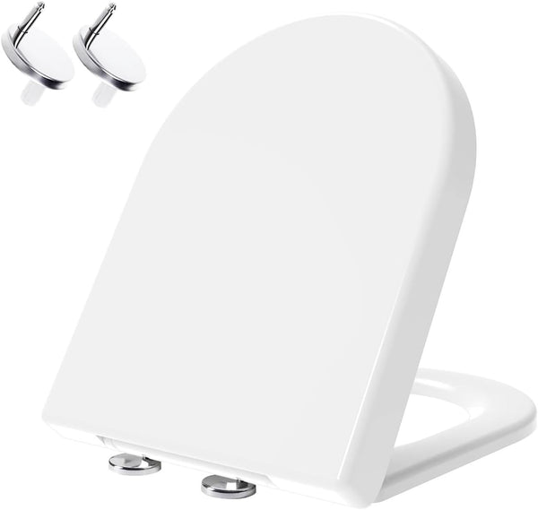 D-Shaped Toilet Seat, Soft Close with Quick Release, Top Fix 360 Adjustable Hinges, White Duroplast Loo Seat Heavy Duty