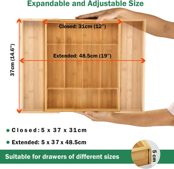 Bamboo Expandable Cutlery Tray & Drawer Insert Organizer, 5 to 7 Adjustable Compartments (48.5 x 34 x 5 cm)