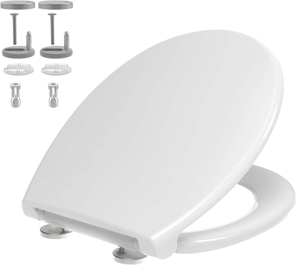 Round Shaped Toilet Seat, Soft Close with Quick Release Top Fix Adjustable Hinges, White Duroplast Loo Seat