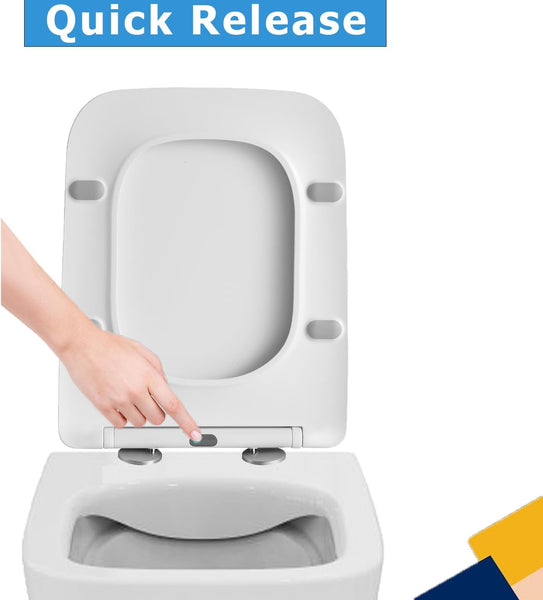 Soft Close Square Shape White Toilet Seat, One Button Quick Release Toilet Seats for Easy Cleaning, Easy Installation Slim Toilet Seat