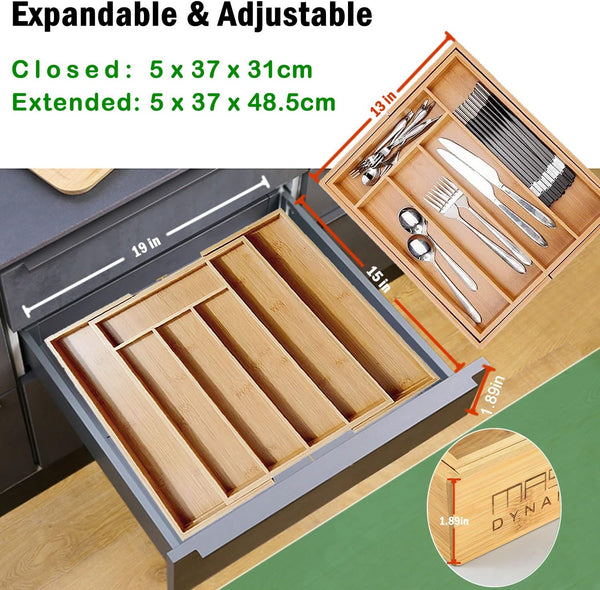 Bamboo Drawer Organiser, Adjustable Multipurpose Storage Tray and Drawer Insert Box for Utensils, Cutlery, Makeup, Craft and Tools (Size:31-48.5cm * 37.5cm)