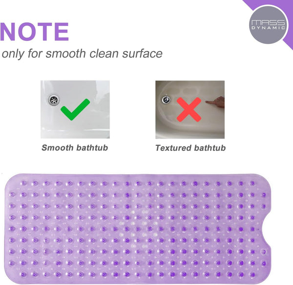 Extra Long Bath Mats Non Slip Bathtub Mat Mildew Resistant Shower Mats with Anti Slip Suction Cups | Easy Clean Bathtub Mat with 176 Drain Holes (Transparent Purple)