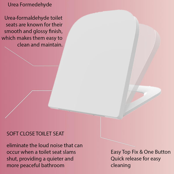 Soft Close Square Shape White Toilet Seat, One Button Quick Release Toilet Seats, Adjustable Hinges, Slim Urea Formaldehyde Loo Seat
