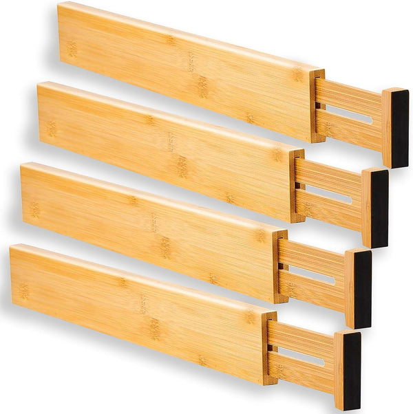 MASS DYNAMIC Bamboo Drawer Dividers - 4pcs Set. Adjustable & Spring Loaded for Kitchen, Bathroom, Baby, and Tools Drawers.