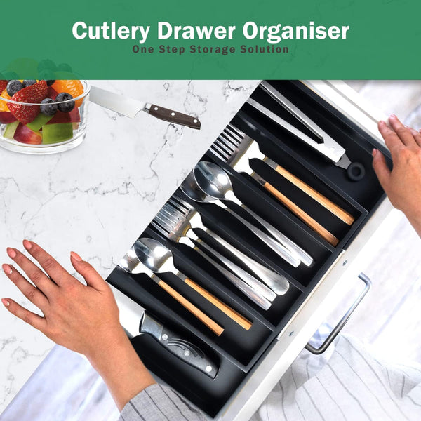 MASS DYNAMIC Cutlery Drawer Organiser, Black Expandable Bamboo Cutlery Tray for Kitchen Utensil, Adjustable Silverware and Flatware Holder, 7 Slots Storage for Spoons Forks Knives