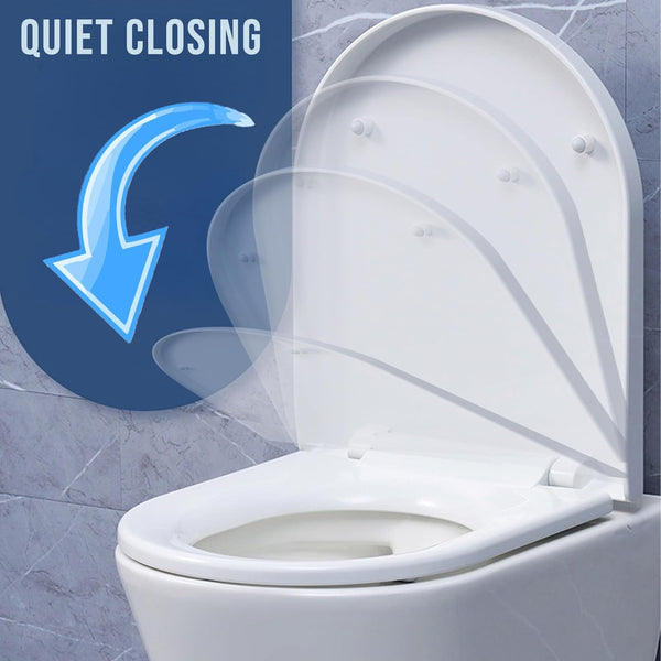 Soft Close Toilet Seat D-Shaped, White Toilet Seats, Adjustable 360 Hinges, One Button Quick Release for Cleaning. Slim UF Loo Seat