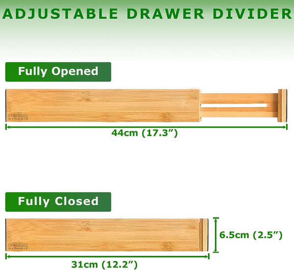 MASS DYNAMIC Bamboo Drawer Dividers - 4pcs Set. Adjustable & Spring Loaded for Kitchen, Bathroom, Baby, and Tools Drawers.