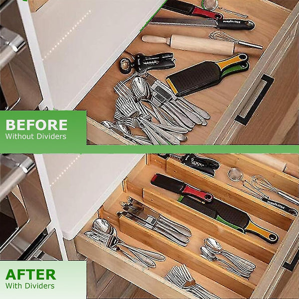 MASS DYNAMIC Bamboo Drawer Dividers - 4pcs Set. Adjustable & Spring Loaded for Kitchen, Bathroom, Baby, and Tools Drawers.
