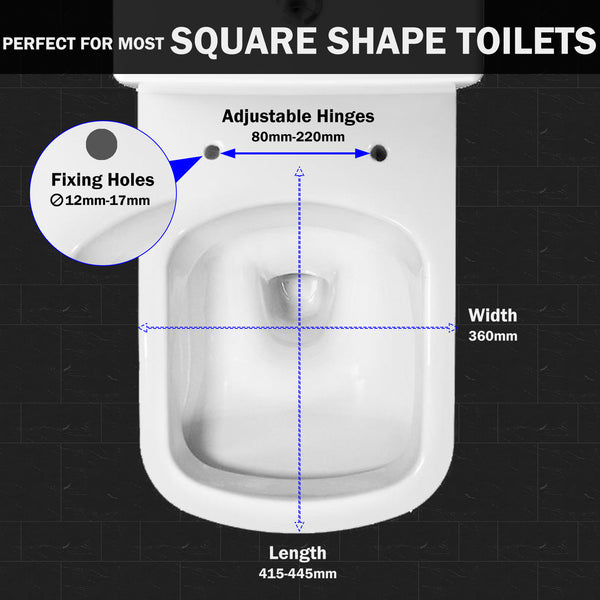 Soft Close Square Toilet Seat With Quick Release And Adjustable Hinges.