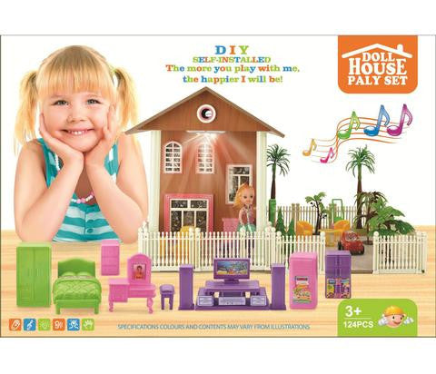 Girls Wooden Doll House Play Set Over 120 Pcs with Sound and Light Options
