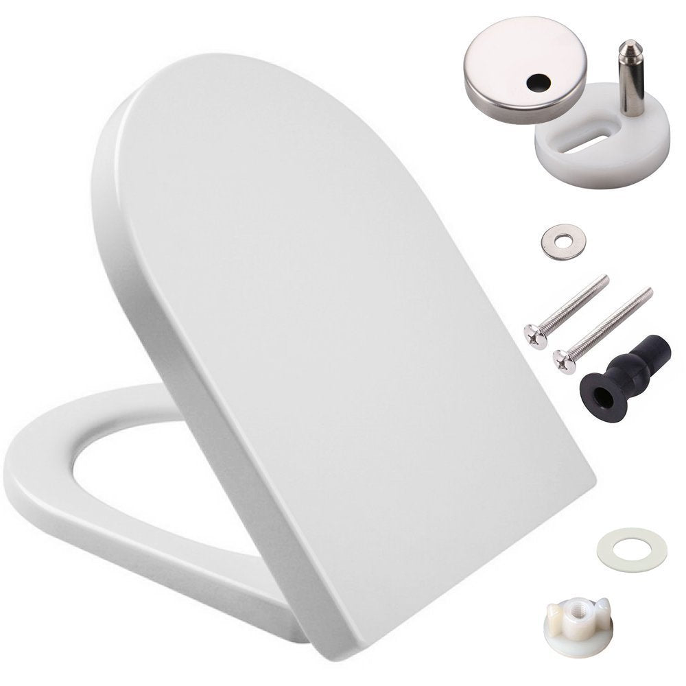 DShaped White Toilet Seat with Soft Close & Quick Release Hinges, Pol