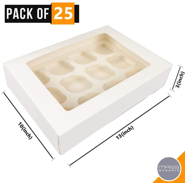 MASS DYNAMIC White Cupcake Boxes - Cupcakes Carrier with 12 Holes/Cavity Inserts and Window, Cupcake Holder Box, Food Grading Container for Muffins, Tall Pastry Box (Pack of 25)