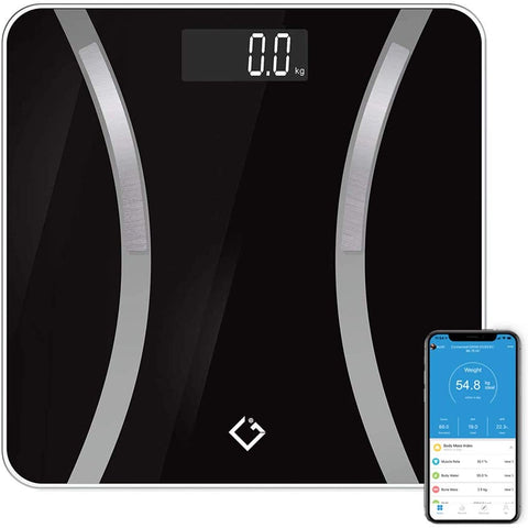 CGI Digital Bluetooth Body Fat Scale, High Precision Weighing Scales for Fitness Tracking, Weight Capacity of 28st/180kg/396lb, Smartphone App with 17 Body Composition Measurements (Black)