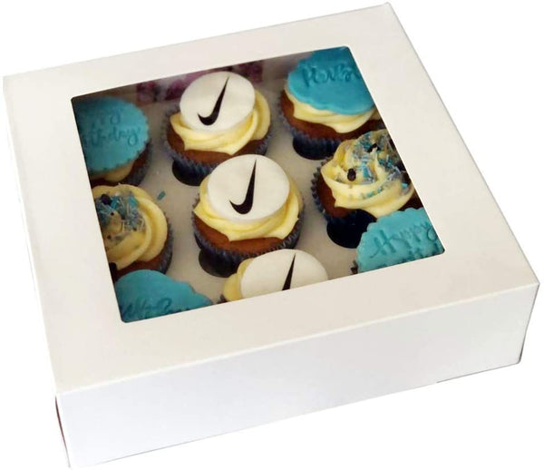 MASS DYNAMIC White Cupcake Boxes - Cupcakes Carrier with 9 Holes/Cavity Inserts and Window, Cupcake Holder Box, Food Grading Container for Muffins, Tall Pastry Box (Pack of 10)