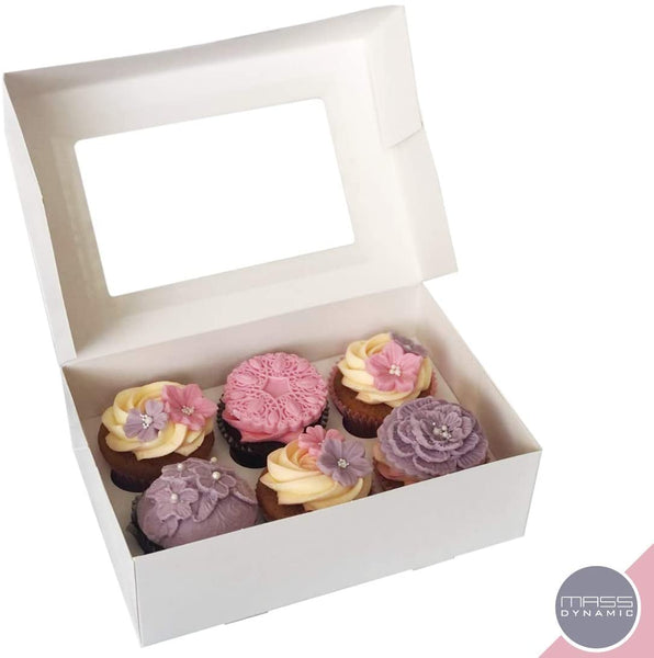 MASS DYNAMIC White Cupcake Boxes - Cupcakes Carrier with 6 Holes/Cavity Inserts and Window, Cupcake Holder Box, Food Grading Container for Muffins, Tall Pastry Box (Pack of 25)