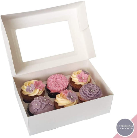 MASS DYNAMIC White Cupcake Boxes - Cupcakes Carrier with 6 Holes/Cavity Inserts and Window, Cupcake Holder Box, Food Grading Container for Muffins, Tall Pastry Box (Pack of 25)