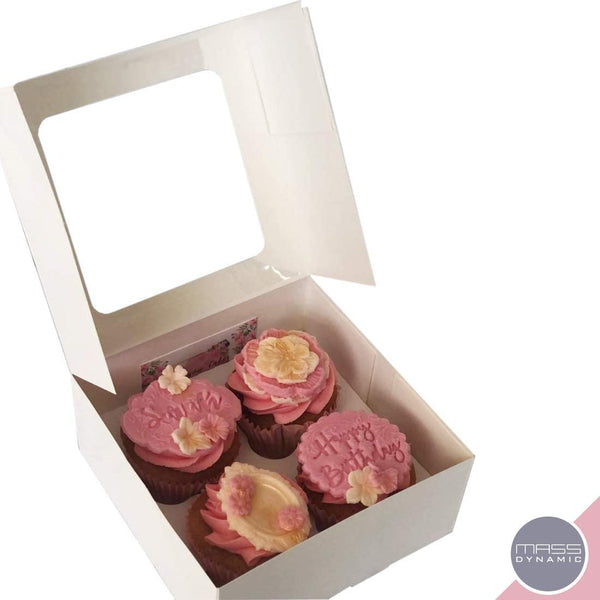 MASS DYNAMIC White Cupcake Boxes - Cupcakes Carrier with 4 Holes/Cavity Inserts and Window, Cupcake Holder Box, Food Grading Container for Muffins, Tall Pastry Box (Pack of 10)