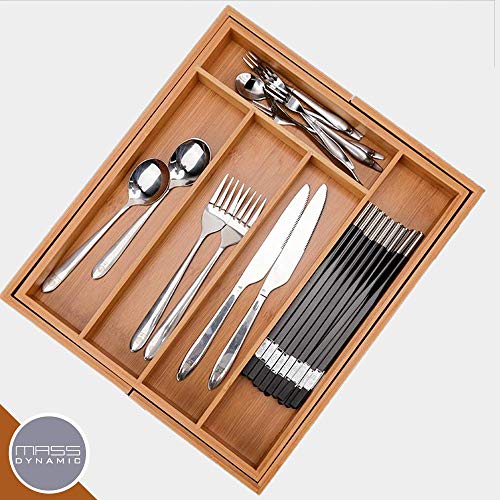 Bamboo Drawer Organiser, Adjustable Multipurpose Storage Tray and Drawer Insert Box for Utensils, Cutlery, Makeup, Craft and Tools (Size:31-48.5cm * 37.5cm)