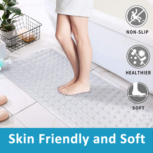 Non Slip Transparent Clear Bath Mat | Extra Long Anti Slip Suction Cups | Machine Washable Shower Mats | Antibacterial Bathtub Runner