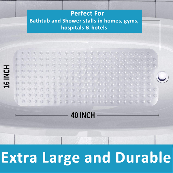 Non Slip Transparent Clear Bath Mat | Extra Long Anti Slip Suction Cups | Machine Washable Shower Mats | Antibacterial Bathtub Runner