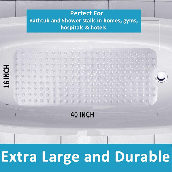 Non Slip Transparent Teal Bath Mat | Extra Long Bath Mat | Machine Washable Shower Mats with Anti Slip Suction Cups | Antibacterial Bathtub Mat with Anti Mildew Drain Holes
