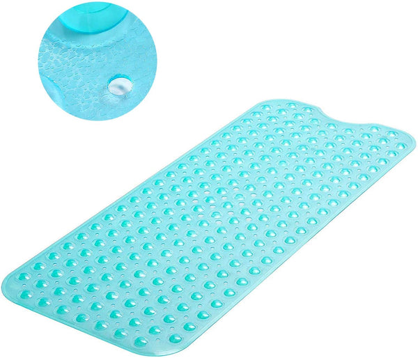 Non Slip Transparent Teal Bath Mat | Extra Long Bath Mat | Machine Washable Shower Mats with Anti Slip Suction Cups | Antibacterial Bathtub Mat with Anti Mildew Drain Holes