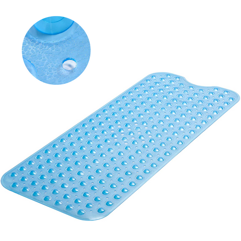 Non Slip Transparent Blue Bath Mat | Extra Long Anti Slip Suction Cups | Machine Washable Shower Mats | Antibacterial Bathtub Runner