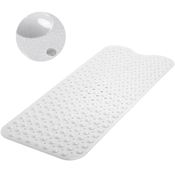 Non Slip Opaque White Bath Mat | Extra Long Anti Slip Suction Cups | Machine Washable Shower Mats | Antibacterial Bathtub Runner